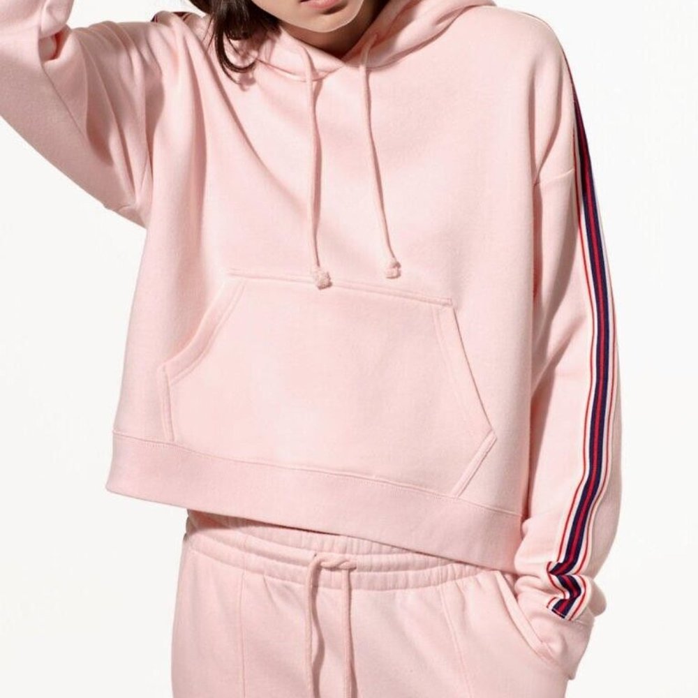 Aritzia tna Camille White Cap Pink Side Stripe Cropped Hoodie Size M